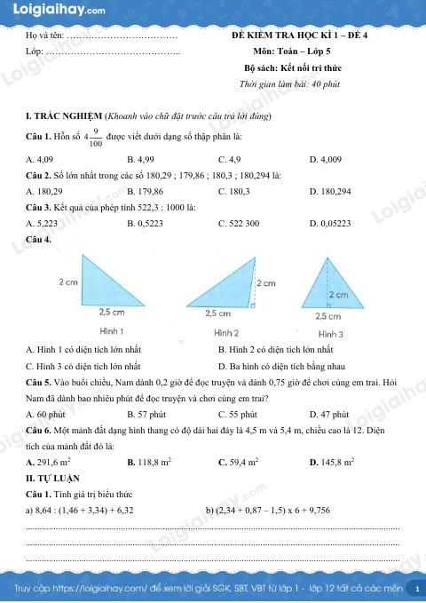 Đề kiểm tra học kì 1 Toán 5 Kết nối tri thức - Đề số 4